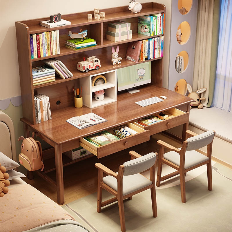 实木双人书桌书架一体卧室青少年办公电脑桌家用双人学习桌写字台