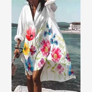 欧美波西米亚宽松大码沙滩裙度假防晒衣罩衫连衣裙衬衫裙子遮肉