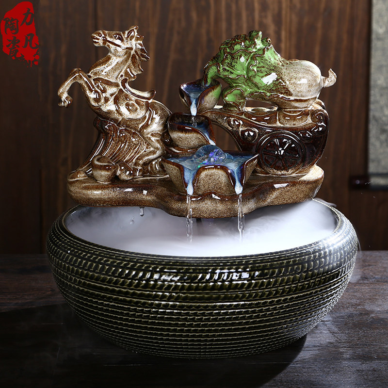 陶瓷流水鱼缸招财风水轮摆件喷泉家居桌面马上发财装饰开业礼品