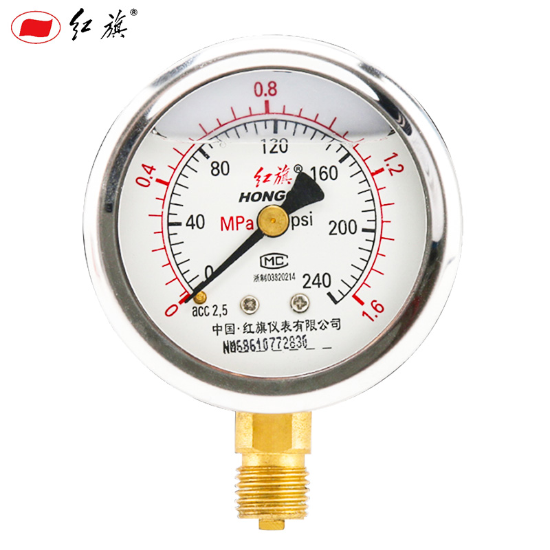 红旗YTN-60耐震压力表0-0.6/1/1.6/2.5/4/16/40mpa镀铬铁外壳yn60