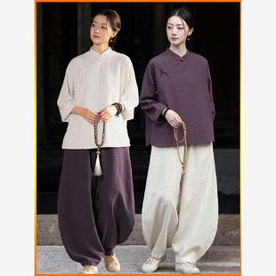 修行禅服女夏季佛系禅意女装中式斜襟上衣寺院居士服禅修服女套装