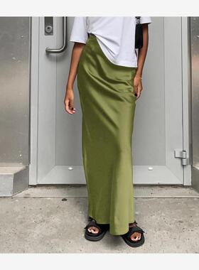 INS欧美时尚气质高腰缎面长裙半身裙 Sexy Silk Satin Maxi Skirt