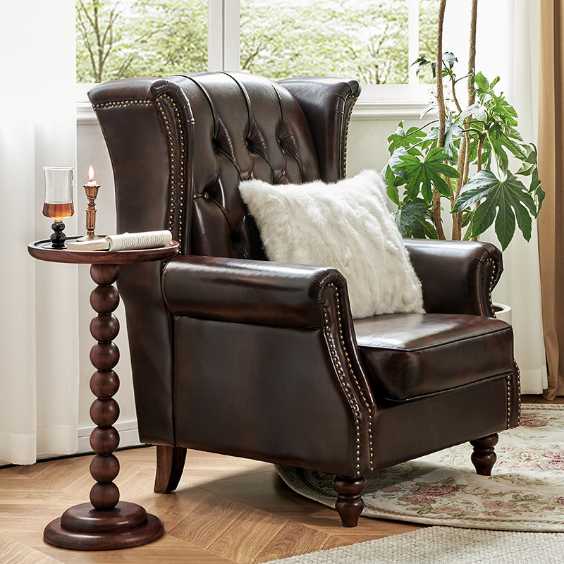 美式老虎椅单人沙发椅真皮头层牛皮复古棕色客厅卧室高背休闲椅子