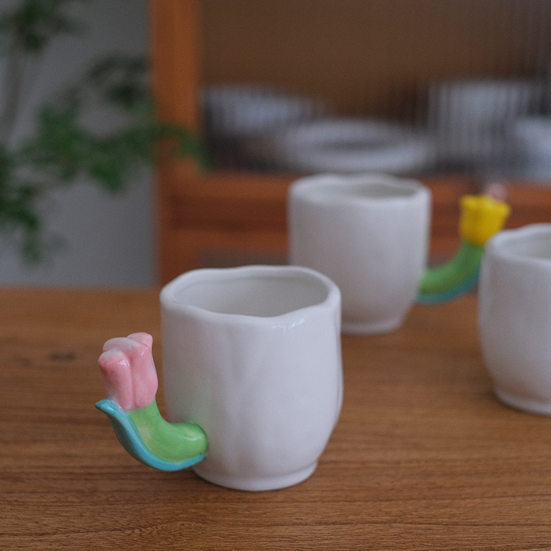 他山集.包邮ins手捏异形郁金香手柄马克杯早餐杯咖啡杯陶瓷水杯
