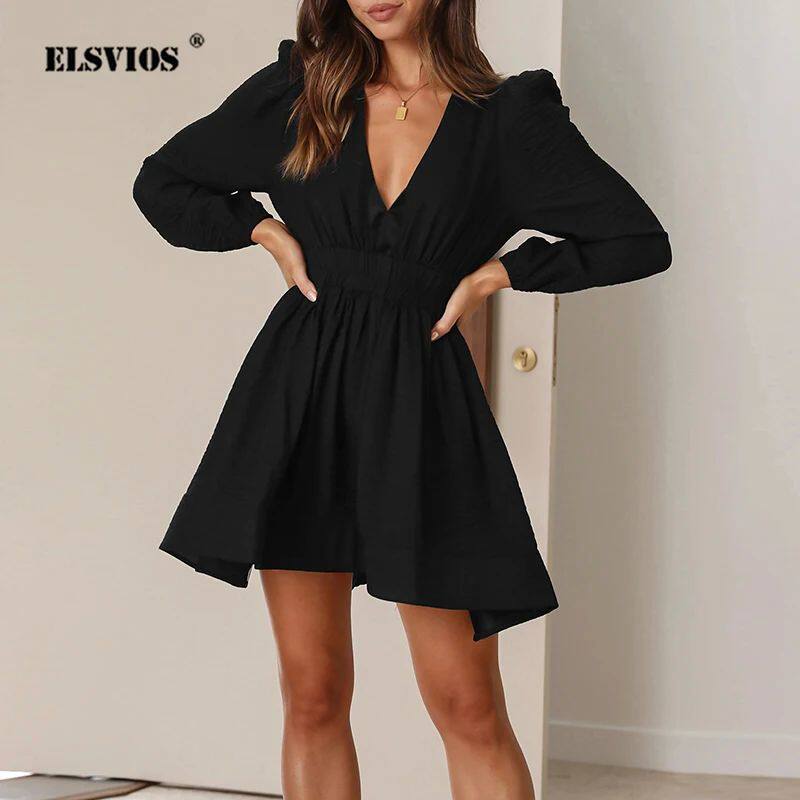 Solid V-neck pleated ruffle edge skirt纯色V领百褶荷叶边裙女