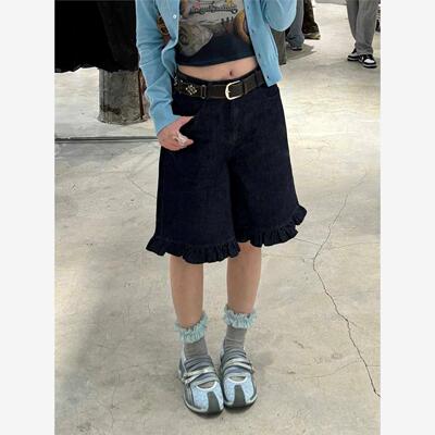 美式复古荷叶边牛仔五分裤女夏季新款设计感花边微喇中裤短裤裤子