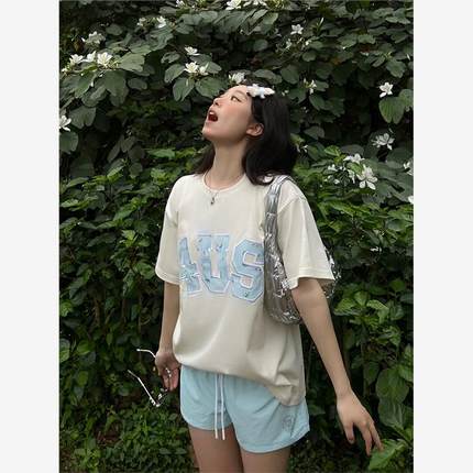 (4UYES)春夏贴布绣碎花国潮牌情侣男女宽松打底衫T恤短袖