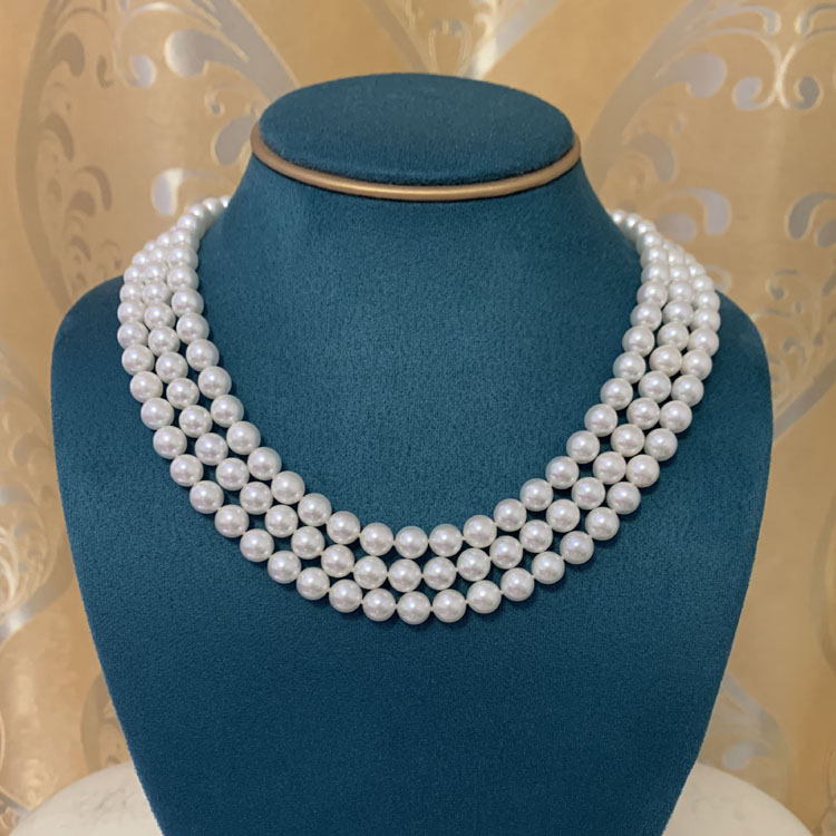 7.5-8mm白强光表皮镜面细腻 海水三层珍珠项链 可调单串带 18K