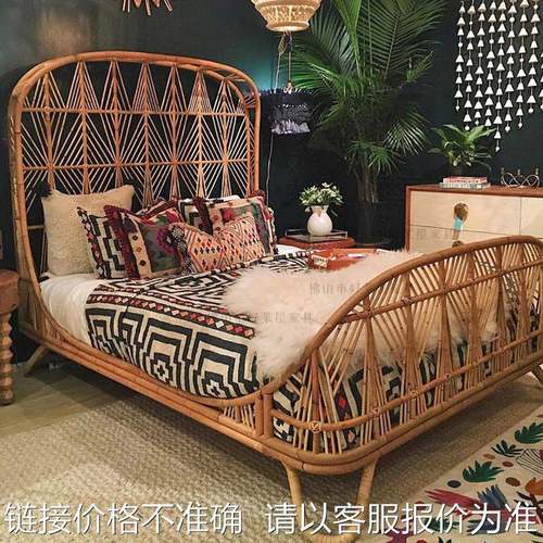简约藤编床1.5米双人床印尼藤艺术床酒店民宿藤床艺术东南亚床