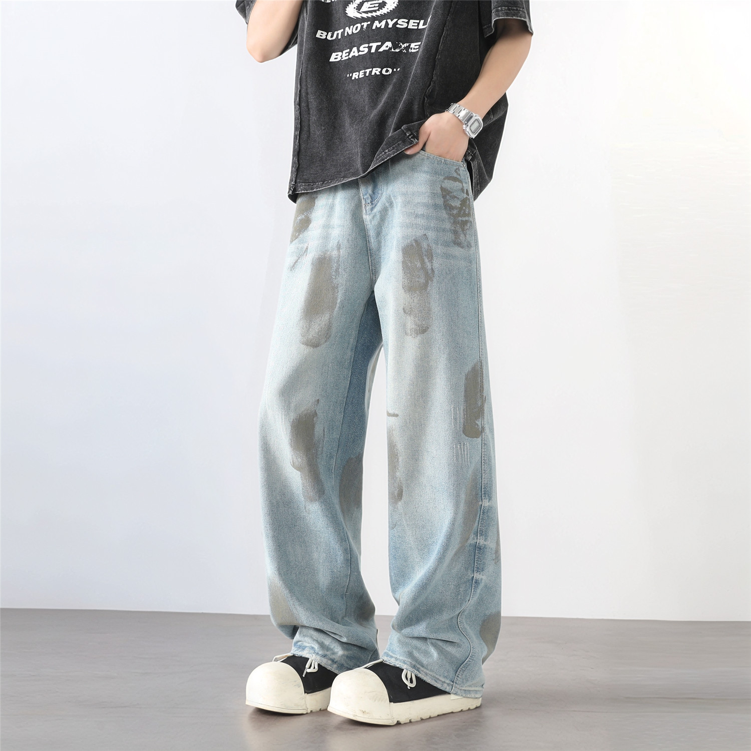 美式高街油漆做旧牛仔裤男女水洗vibe直筒宽松阔腿夏季百搭裤子,男装牛仔裤,电商A306-2