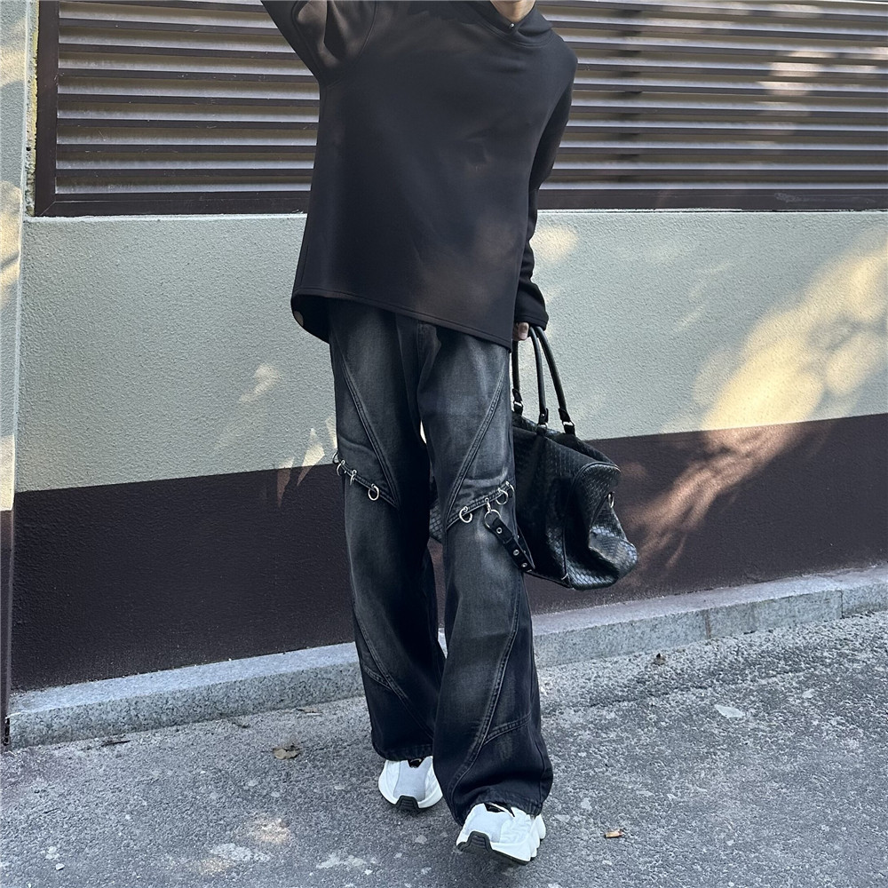 美式复古水洗金属扣带设计宽松阔腿牛仔裤男2025新款秋季直筒长裤,男装牛仔裤,电商A306-2