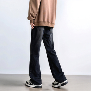 黑灰色微喇牛仔裤男女美式复古直筒宽松拼接高街ins潮流百搭裤子图片