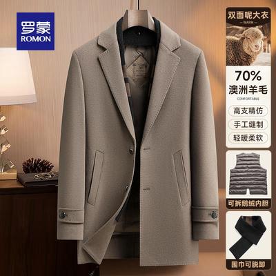 【鹅绒内胆】罗蒙羊毛呢子大衣男中款西装领商务休闲双面毛呢外套