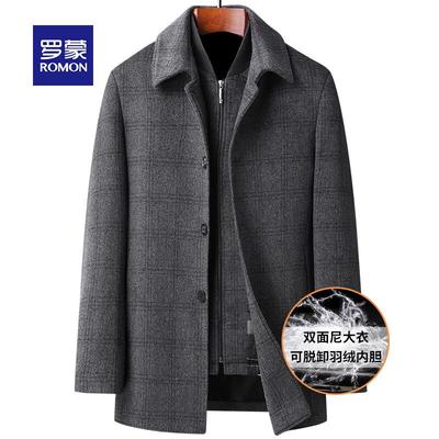 罗蒙秋冬羽绒内胆双面呢大衣男翻领毛呢外套中长款羊毛大衣爸爸装