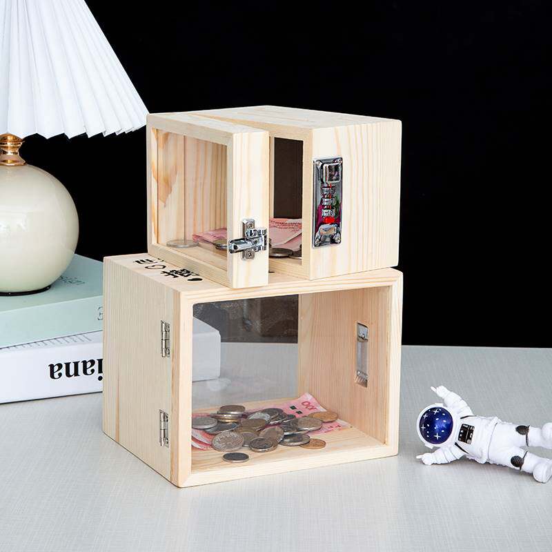 新款创意ins大号透明存钱罐实木质带锁密码盒小号储蓄箱手办收纳