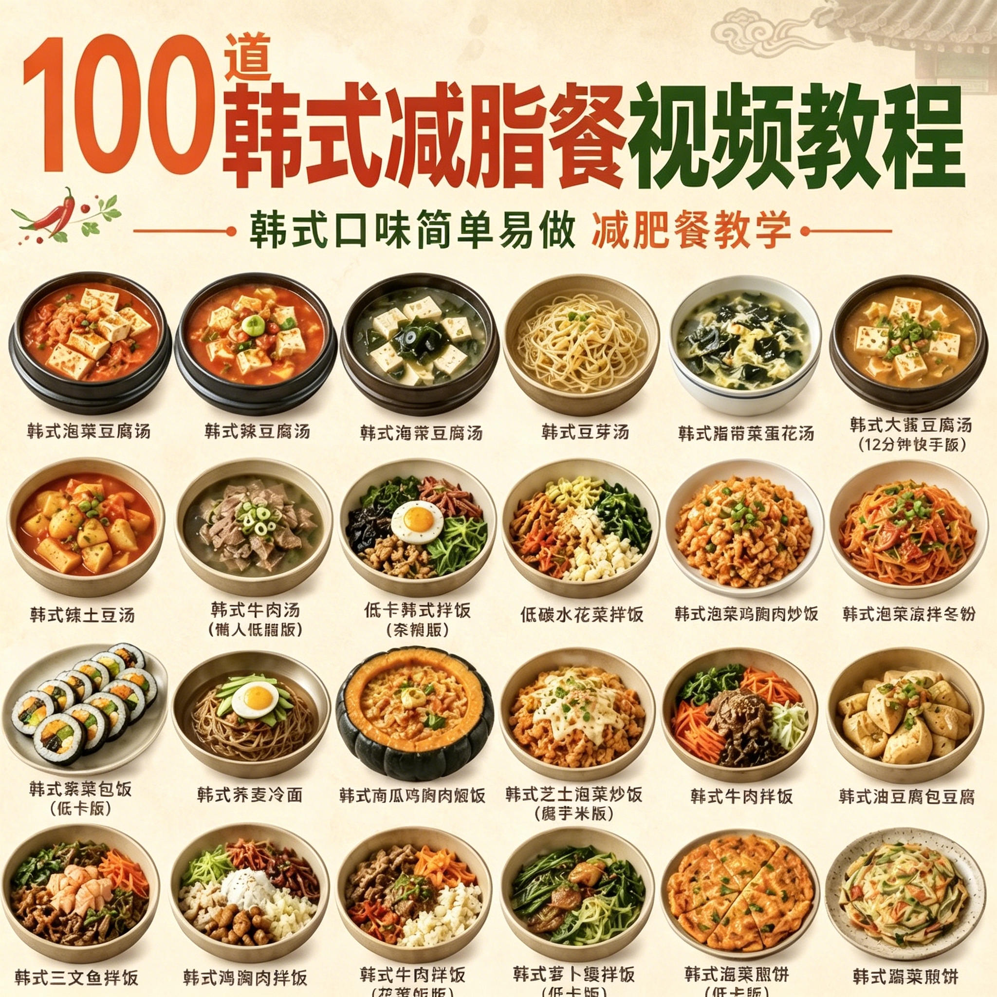 100道韩式减脂餐视频教程低卡轻食家常料理 居家减肥食谱自学课