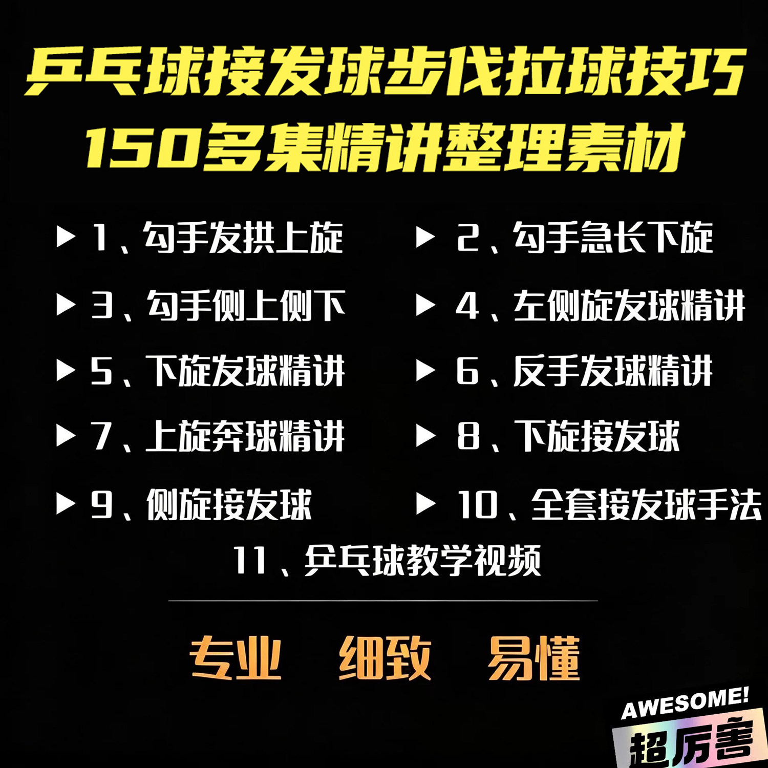乒乓球各类旋转发球接发球教程150集实战步法技巧自学视频资料