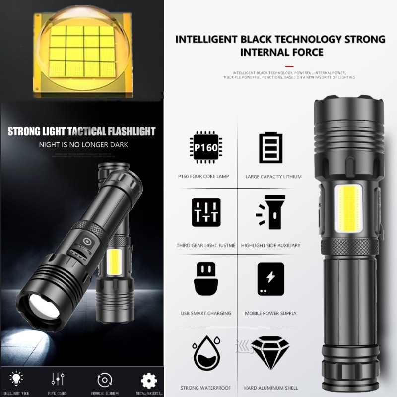 NEW Ultra Bright XHP199 16 CORE COB LED Flashlight USB Recha