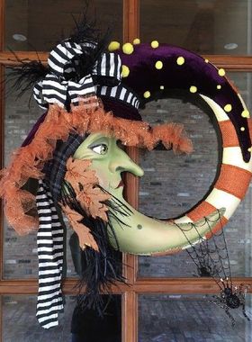 Halloween Penyihir Bulan Karangan Bunga Pintu Menggantung