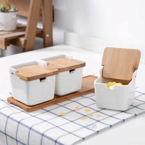 Set of  Ceramic Seasoning Rack Spice Pots Bowls With Spoon &