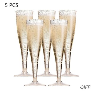 Plastic Champagne Flutes Disposable 5Pcs Gold Glitter Plasti