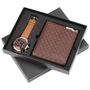 men Set Wrist Watch Leather Quartz for Gift Wallet Boyfriend