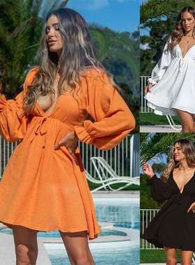 ins summer longsleeved sexy deep V backless dress