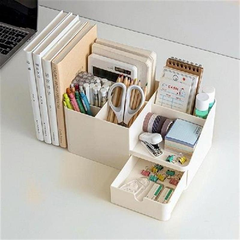 White Desk Organizer With Drawer Multifunction Stationery
