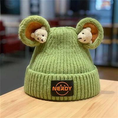 2022 New Beanies Hat Bear Ears Pompon Hat Knitted Cute Lovel