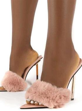2021 New Summer Sexy Pointed Toe Fluffy Slippers Ladies Sand