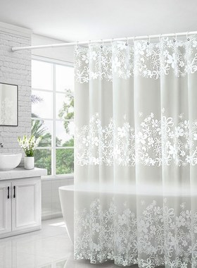Printed white shower curtain with hooked PEVA   bathroom tra