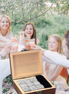 Whiskey Stones Set - 9 Granite Whiskey Rocks / Wooden Box /