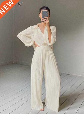 Mnealways18 Beige Pleated Wide Leg Pants Womens Pants Fashio