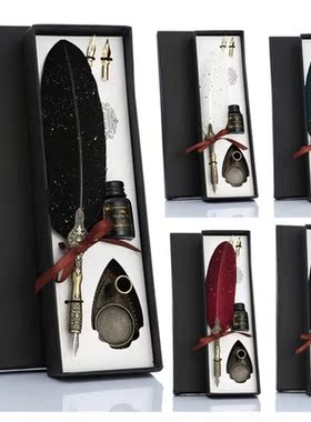 Retro Calligraphy Feather Dip Pen with 2 Nib Set Quill Fount