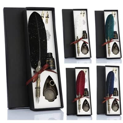 Retro Calligraphy Feather Dip Pen with 2 Nib Set Quill Fount