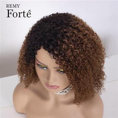 180% Short Afro Kinky Curly Human Hair Wigs Ombre Highlight