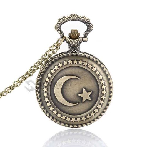 *Lover Pocket Watch Antique Bronze Turkish Flag Design Moon