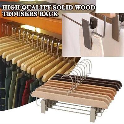 10pcs Solid Wood Trousers Hanger With 2 Clips Retro