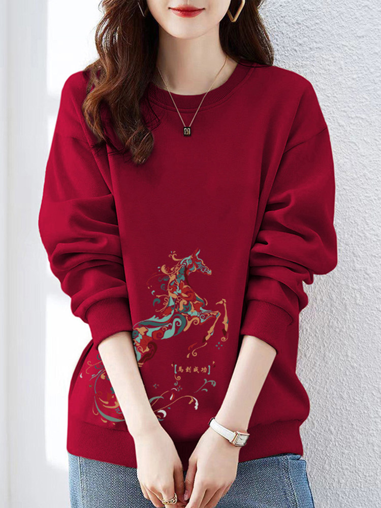 秋季新款酒红色圆领加绒卫衣女款2026马年本命年衣服设计感上衣潮