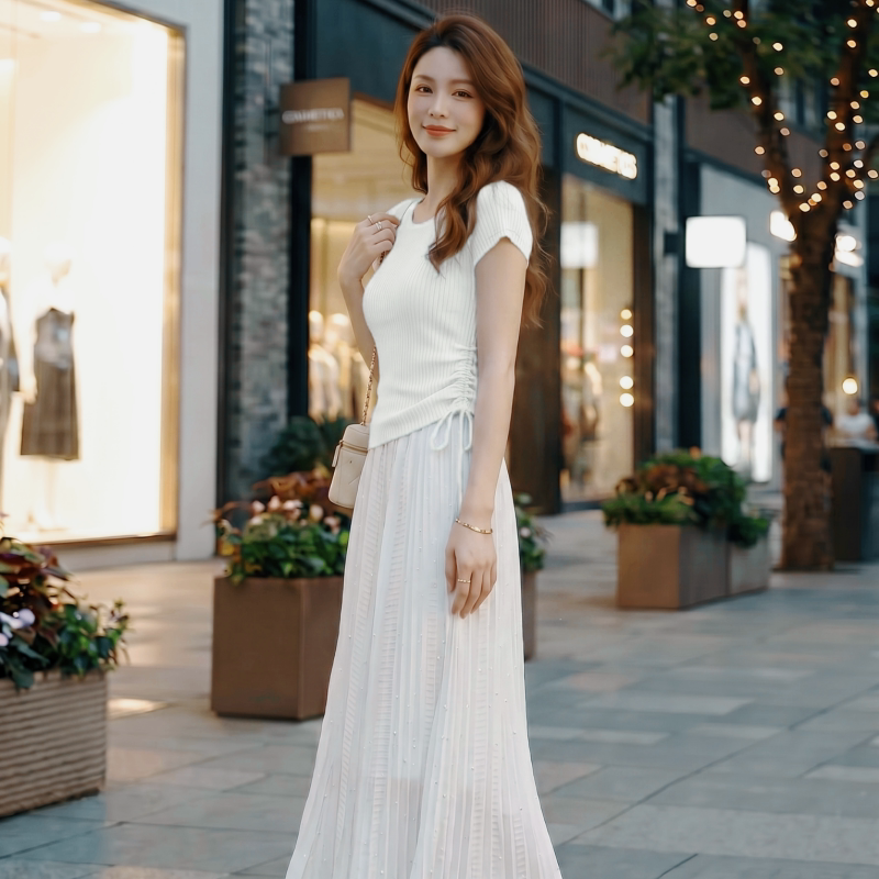 夏季女装显瘦套装韩系气质时尚T恤+裙子两件套高腰重工满钻百褶裙
