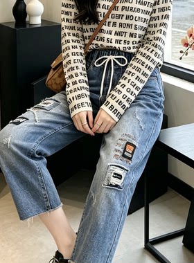 夏季破洞刺绣高腰显瘦牛仔七分裤