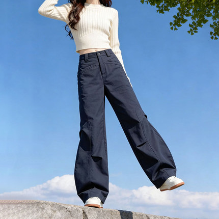 藏青色工装休闲裤女2026夏季薄款大码胖mm宽松显瘦直筒运动阔腿裤