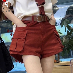 欧货橘红色牛仔短裤女夏季2025新款宽松小个子a字阔腿工装裤子
