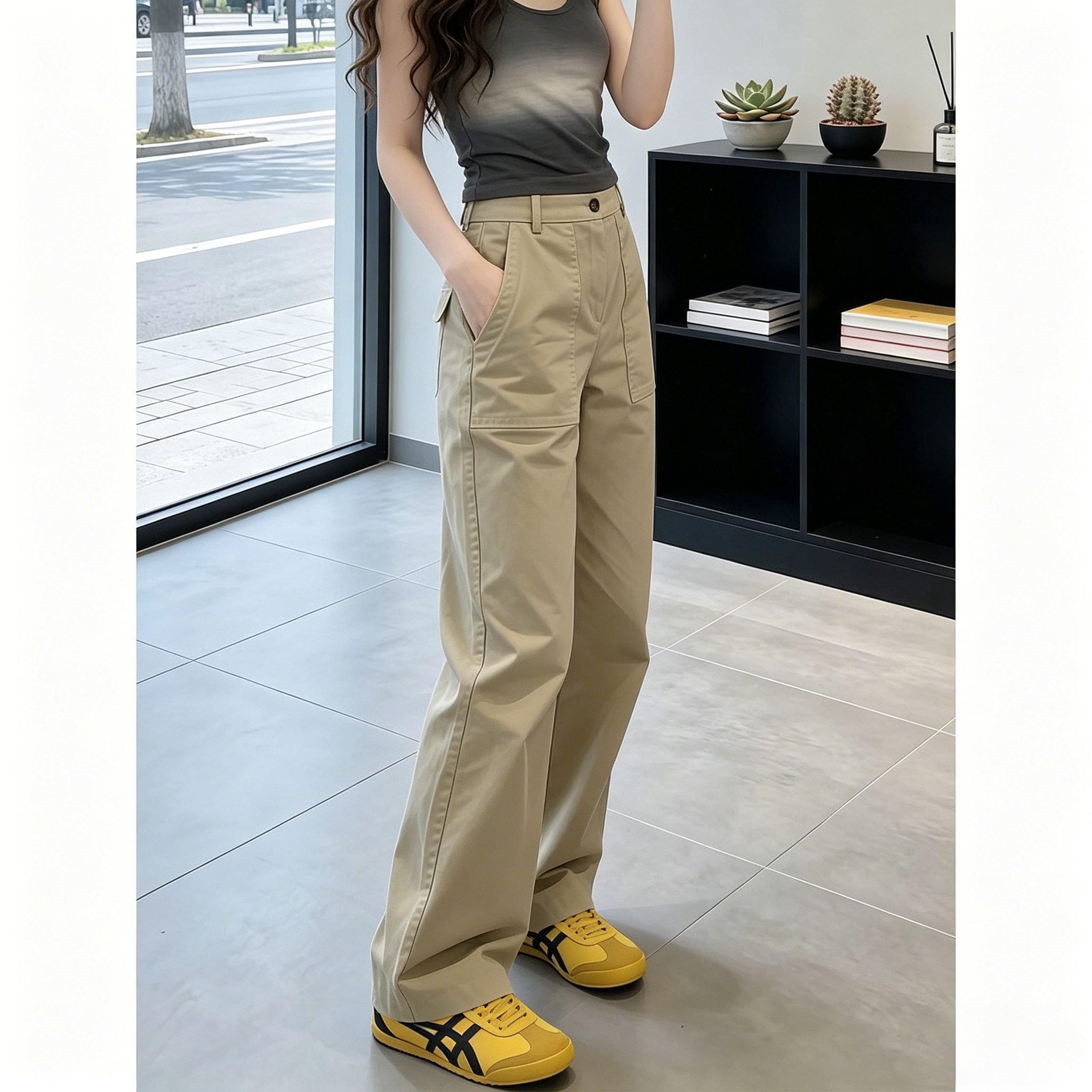 法式复古卡其色窄版直筒工装裤女2026夏薄款小个子高腰百搭休闲裤