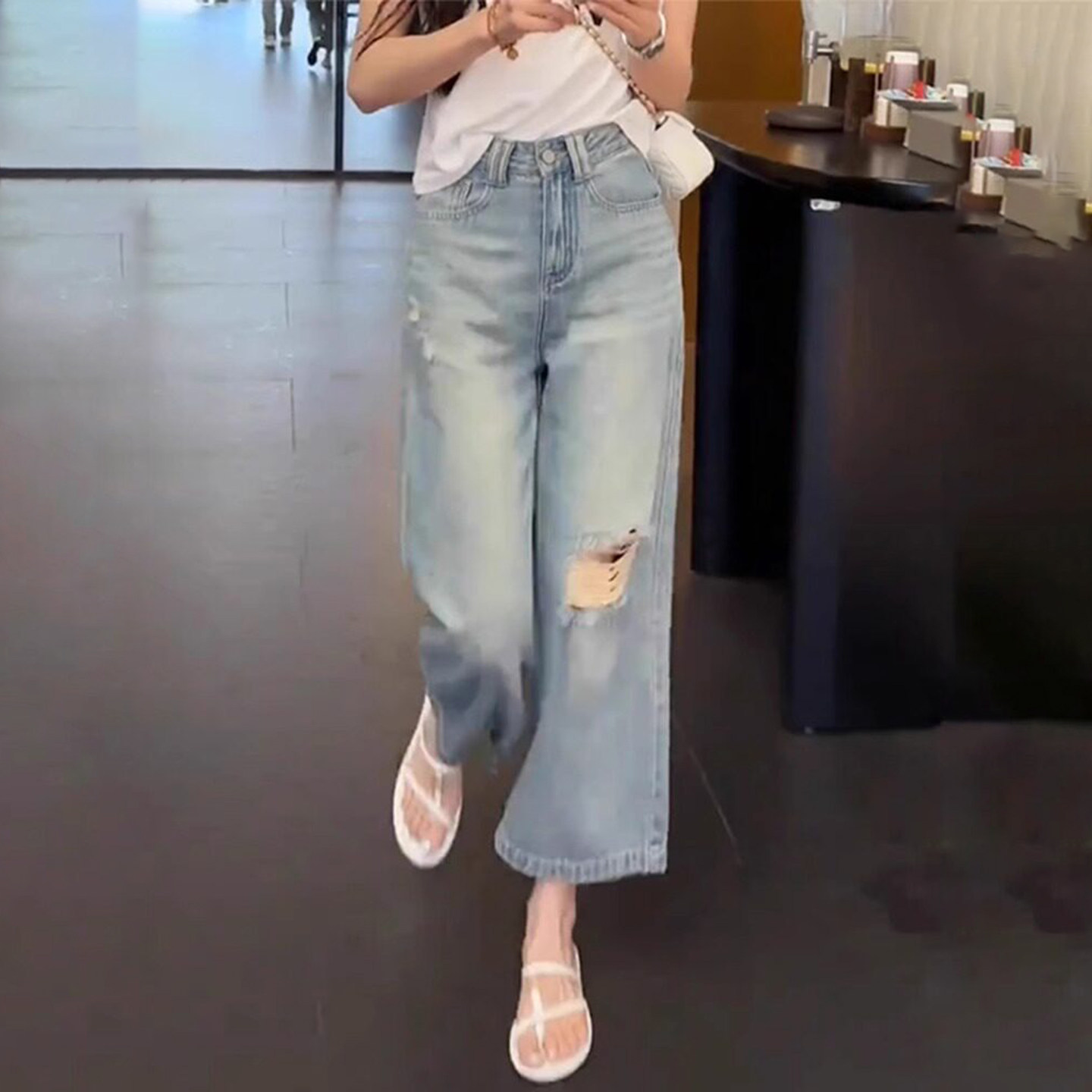 夏季薄款九分牛仔裤女2026新款高腰时尚气质宽松显瘦破洞阔腿裤子