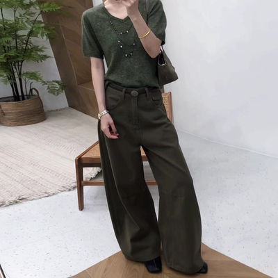 秋季灰绿高腰显瘦直筒牛仔裤女