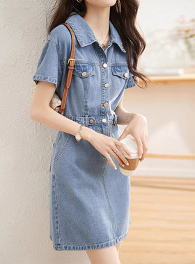 韩版口袋纽扣设计感牛仔裙女夏季