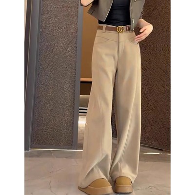 加绒卡其色宽松显瘦休闲弯刀裤女