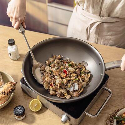 德国三头鹰纯钛炒锅平底锅无涂层不粘锅煎牛排锅家用加深通用炒锅