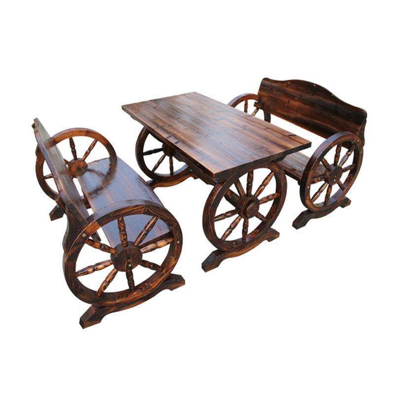 户外防腐实木家具中式餐桌椅子休闲三件套车轮座组合花园阳台桌椅